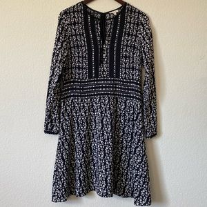 Shoshanna Silk Boho Black and White Floral Long Sleeve Dress